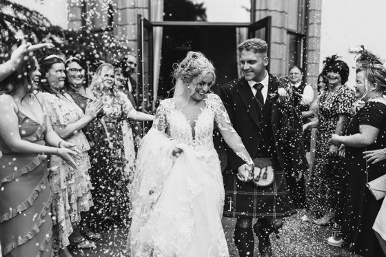 Black and white picture of confetti shot at Norwood Hall Hotel